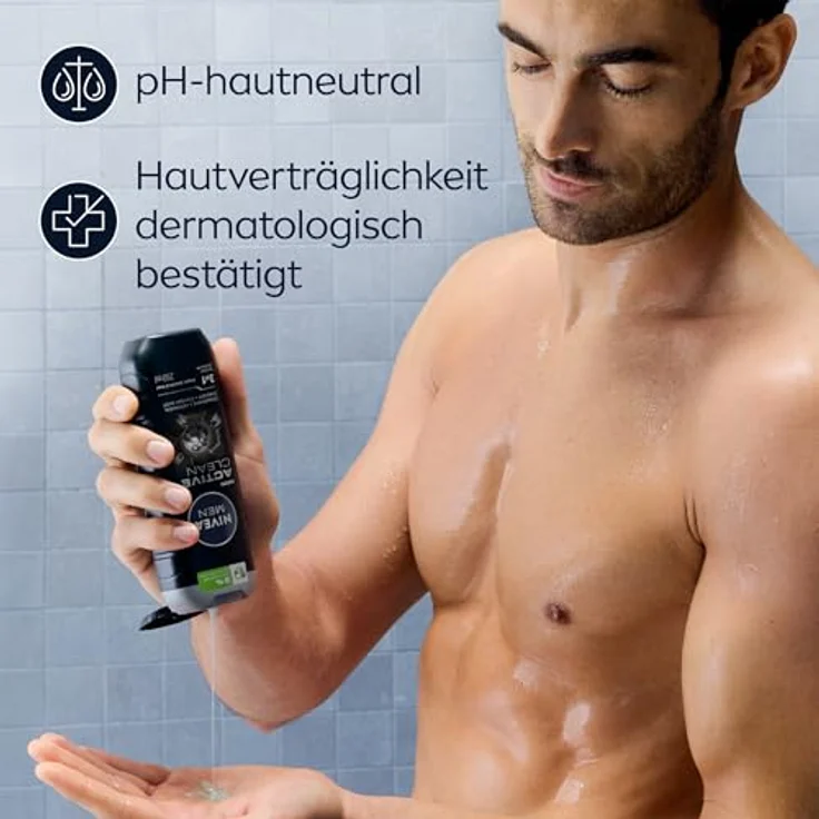 NIVEA MEN Active Clean Duschgel, pH-hautneutrale Pflegedusche mit Aktivkohle, stimulierender Duft für Körper, Gesicht und Haar (250 ml) – Bild 4