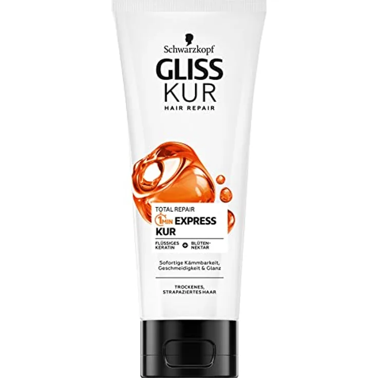 Gliss Kur 1-Minute Express Kur Total Repair (200 ml), Haarkur mit Keratin schützt die Haarfasern und verschönert die Haarstruktur, schon nach 1 Minute wirksam