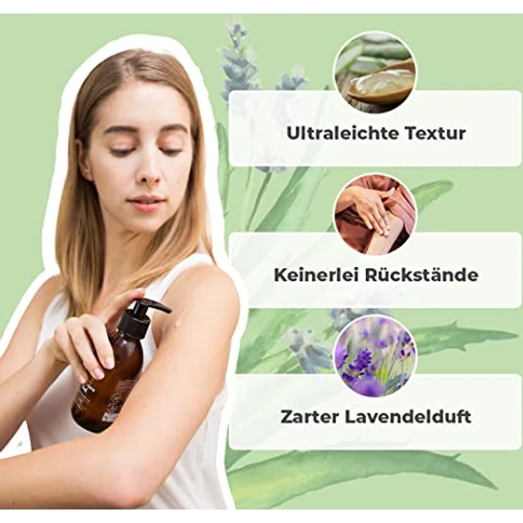 Bionoble Aloe Vera Gel Bio 200ml - Pures Aloe Vera Fruchtfleisch 100% Rein mit Ätherisches Lavendelöl BIO - Ohne Pulver - Ohne Xanthan - Gesicht, Augenpartie, Körper, Haare - Glasflasche + Pumpe – Bild 3