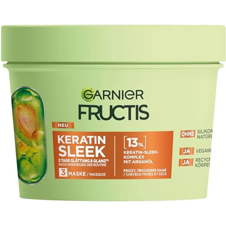 Garnier Fructis Keratin Sleek Maske, Haarmaske mit Arganöl und Keratin-Komplex für trockenes, frizziges Haar, 370 ml