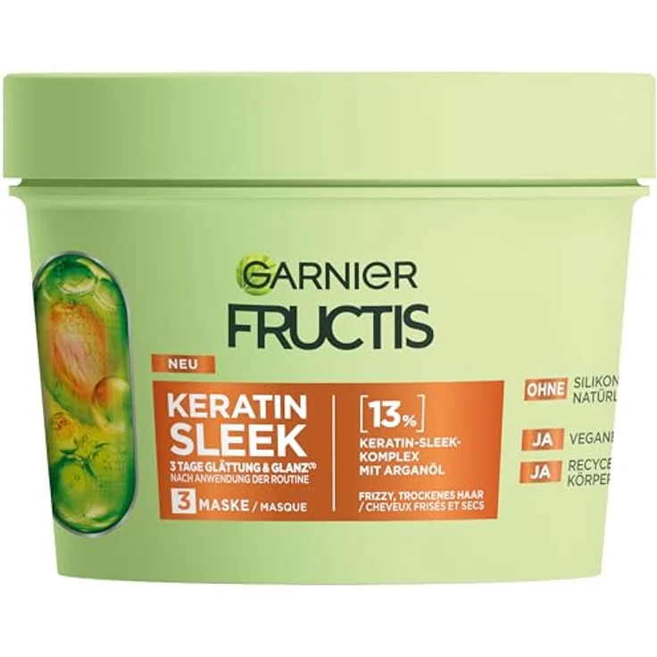 Garnier Fructis Keratin Sleek Maske, Haarmaske mit Arganöl und Keratin-Komplex für trockenes, frizziges Haar, 370 ml – Bild 1