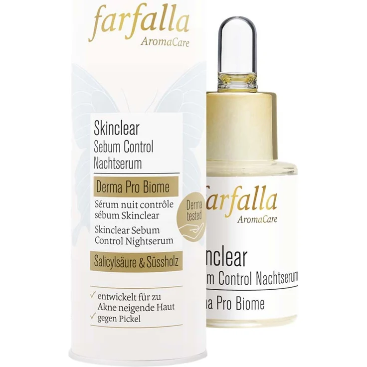 Farfalla Skinclear Sebum Control Nachtserum, Derma Pro Biome Bio mit Salicylsäure und Süßholzwurzel, 15ml für unreine & Mischhaut