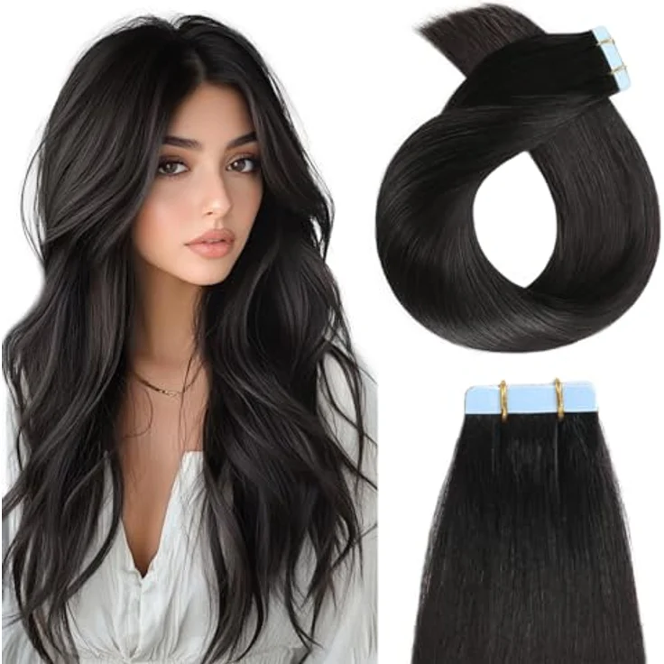 YILITE Tape in Extensions Echthaar 45cm #1B, seidig und gerade, 20 Stück, 50g, nahtloses Klebeband für Haarverlängerungen – Bild 1