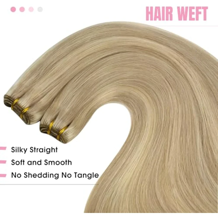 YoungSee Echthaar Tressen Goldblond, 100g, 45cm Weaving Extensions, Remy Doppelt Tressen #16/22 – Bild 4