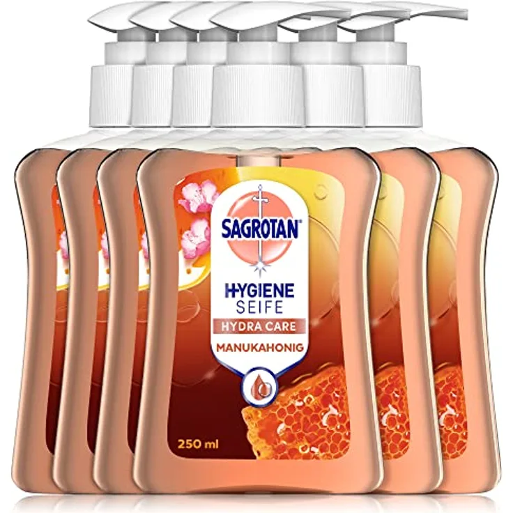 Sagrotan Handseife mit frischem Duft nach Mandelblüten und Manukahonig – Hygienische Flüssigseife – 6 x 250 ml Seifenspender