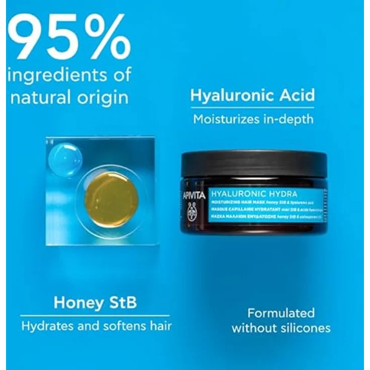Apivita Hyaluronic Hydra Haarmaske 200ml, intensiv feuchtigkeitsspendende Pflege für geschädigtes Haar, natürliche Inhaltsstoffe – Bild 3