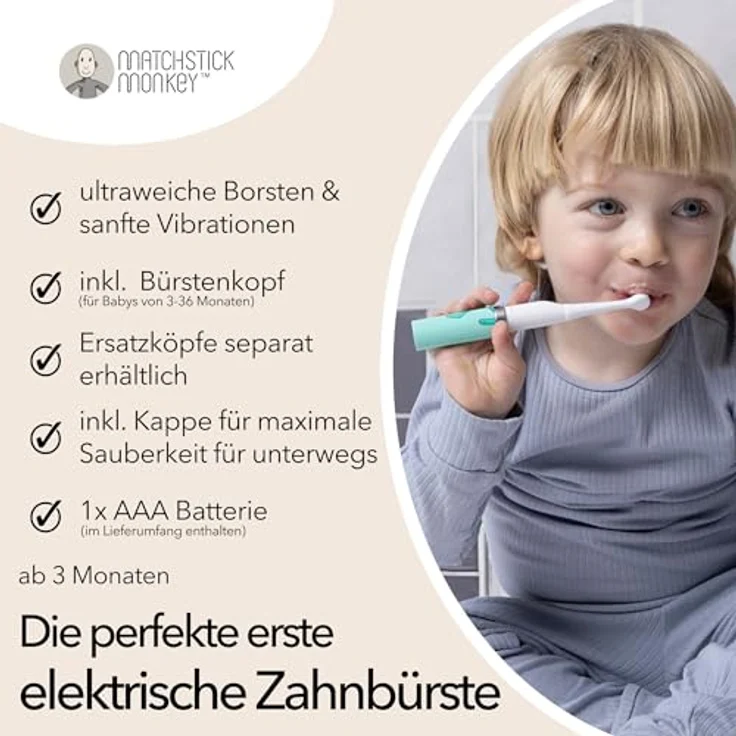 Matchstick Monkey Baby Elektrische Schallzahnbürste - ultraweiche Borsten - 3-36 Mon., Affe grün – Bild 4