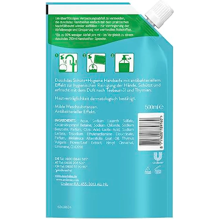dusch das Flüssigseife Nachfüllbeutel Schutz + Hygiene – antibakteriell, mit Wachssubstanzen, 500 ml Nachfüllpack – Bild 7