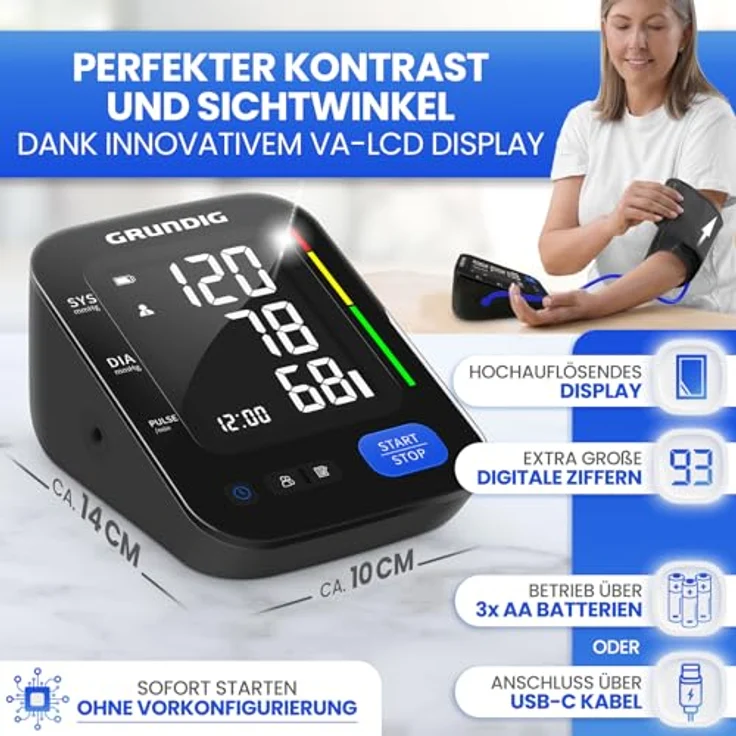 GRUNDIG Blutdruckmessgerät Oberarm, hochpräzise mit Herzrhythmusstörungen Erkennung, Risikobewertung und Manschettensitzkontrolle, schwarz – Bild 3