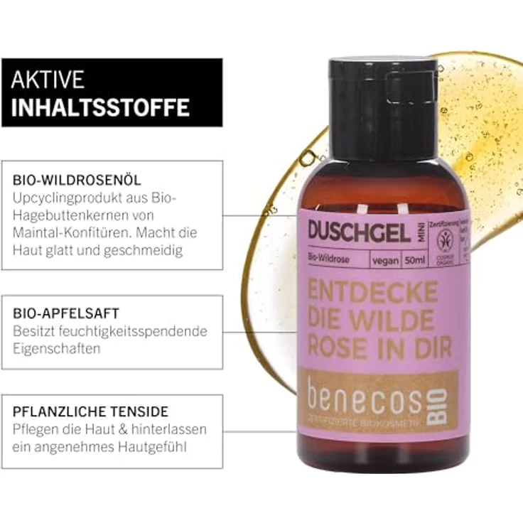 Benecos Duschgel Wildrose Mini, 50ml mit Bio-Wildrosenöl und sanften pflanzlichen Tensiden – Bild 3