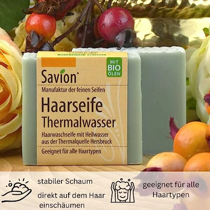 Savion Haarseife mit Thermalwasser | Naturkosmetik für alle Haartypen | Vegan | Palmölfrei | Bio-Haarseife mit Heilwasser | Für glänzendes und kräftiges Haar 85g – Bild 4