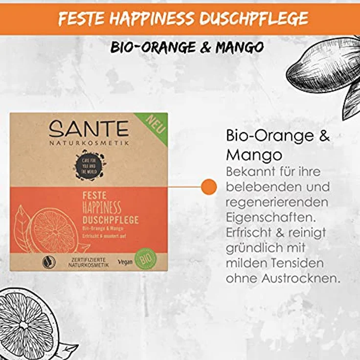 Sante Naturkosmetik Feste Seife zum Duschen für zarte Haut, Vegane Formel mit Bio-Orange und Mango, Feste Happiness Duschpflege, 80 g – Bild 4