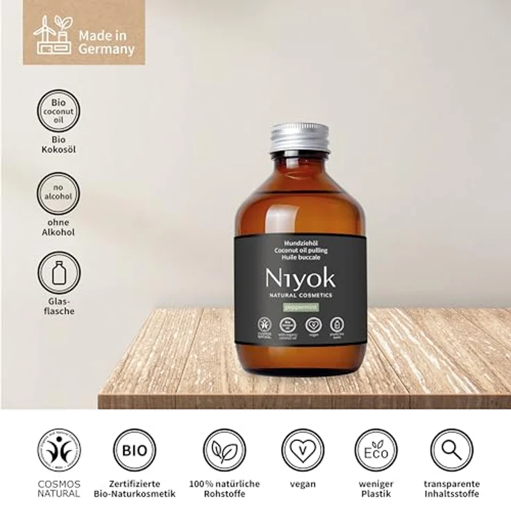 Niyok Mundspülung Mundziehöl, natürliche Pflege mit Bio-Kokosöl und erfrischender Pfefferminze, 200ml in plastikfreier Glasflasche – Bild 3