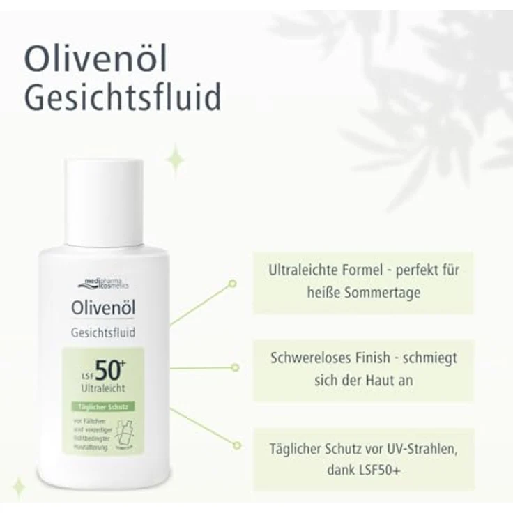 Medipharma Cosmetics Olivenöl Gesichtsfluid mit LSF50+ - Ultraleichte Formel, 50ml - Täglicher UV-Schutz und Pflege, schützt vor Fältchen – Bild 3