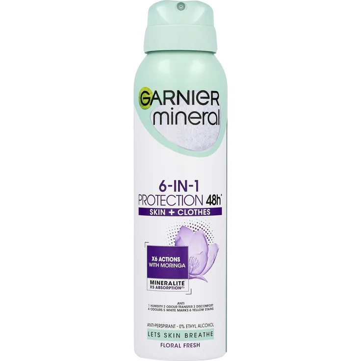 Garnier Mineral Deodorant Spray 6in1 Schutz 48h Floral Fresh, Antitranspirant für Damen, 150ml, alkoholfrei