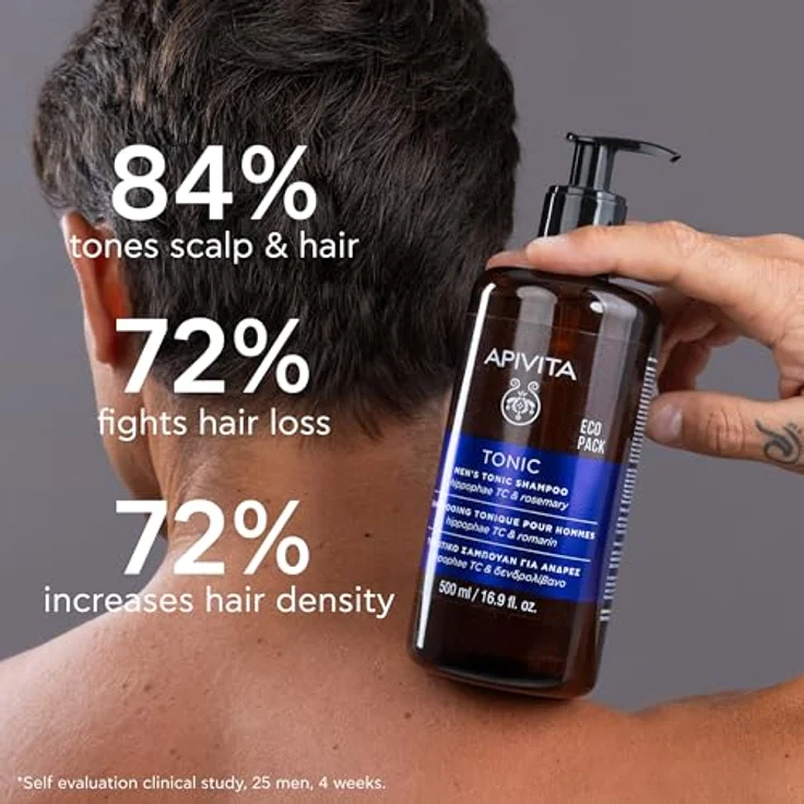 Apivita Tonic Shampoo für Männer mit dünner werdendem Haar, 500 ml – Fördert gesundes Haarwachstum, stärkt das Haar, bekämpft Haarausfall – Mit patentiertem Hippophae-Tonic-Komplex und Propolis – Bild 4