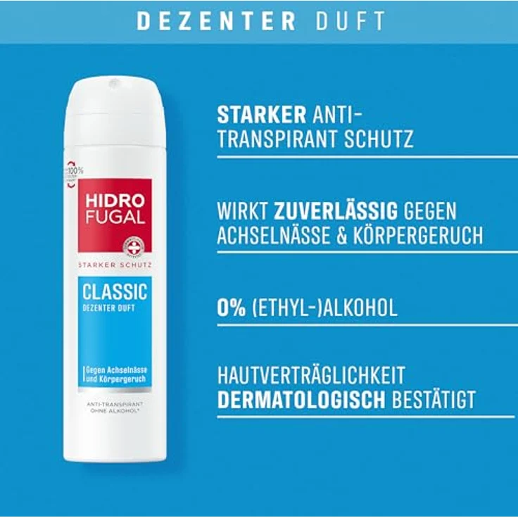 Hidrofugal CLASSIC Spray, starker Antitranspirant Schutz mit dezentem Duft, Deo Spray ohne Ethylalkohol, 150 ml – Bild 2