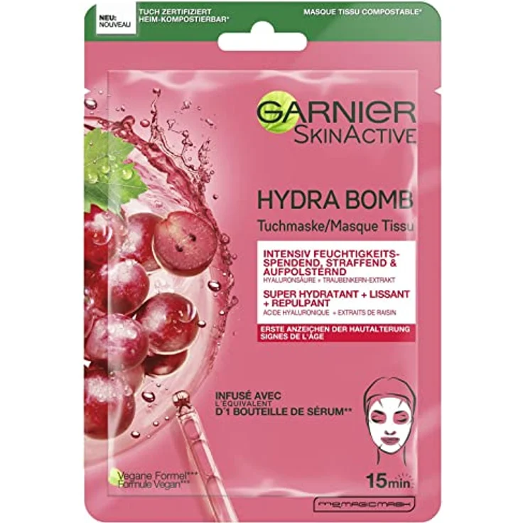 Garnier Hydra Bomb Tuchmaske, Gesichtsmaske für erste Anzeichen der Hautalterung, Straffend, aufpolsternd und feuchtigkeitsspendend, Mit Hyaluronsäure und Traubenkern-Extrakt, 28 g – Bild 1