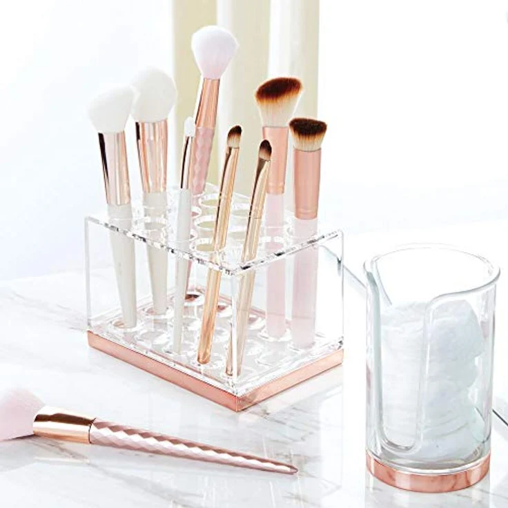 mDesign praktischer Kosmetik Organizer – dekorative Kosmetik Aufbewahrungsbox für Wimperntusche und Lippenstift – Ablage mit 15 Fächern zur Schminkaufbewahrung – durchsichtig und rotgold – Bild 2