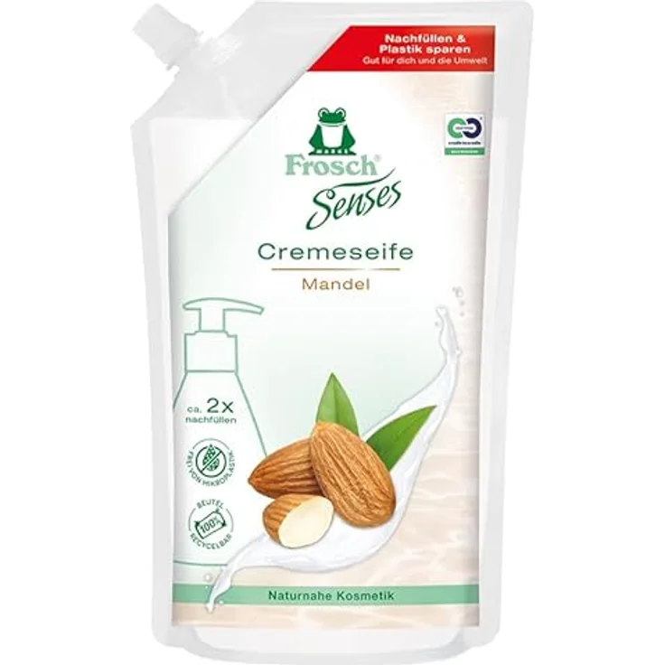 FROSCH Senses Flüssigseife Mandelmilch, 500 ml Nachfüllpack, vegan, ph-neutral, ohne Mikroplastik und tierische Inhaltsstoffe, Farbe: weiß – Bild 1