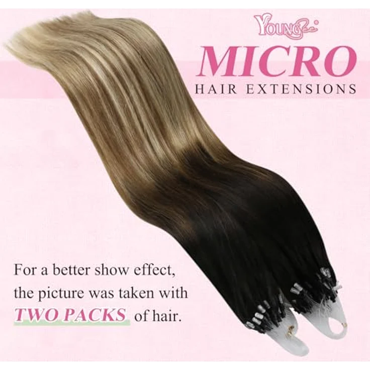 YoungSee 60 cm Microring Extensions Echthaar Balayage, Braun-Blond, Kaltfusion, 50g, für Damen – Bild 2