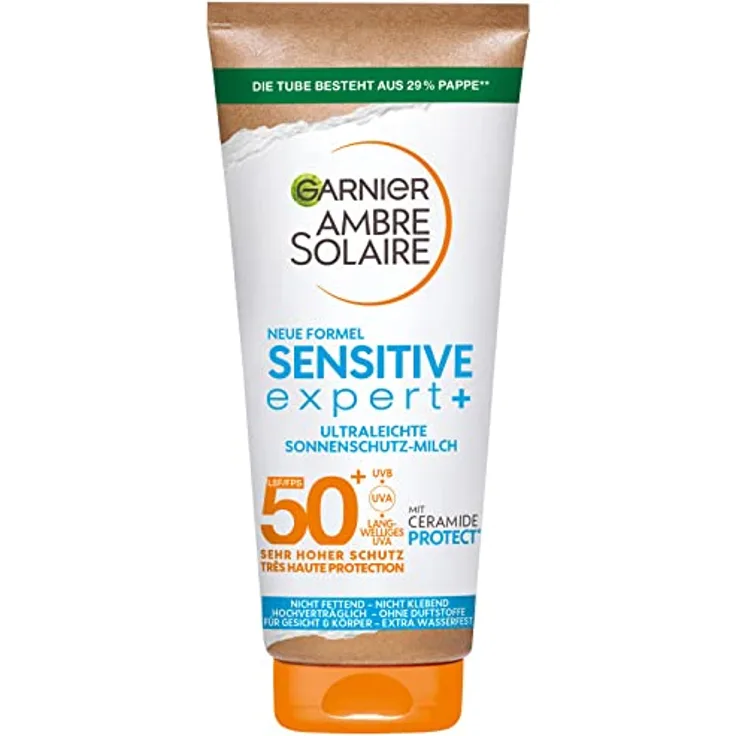 Garnier Sonnenschutzmilch mit LSF 50+, Sehr leichte und rückstandslose Sonnencreme für helle und empfindliche Haut, Ambre Solaire Sensitive expert+, 1 x 175 ml