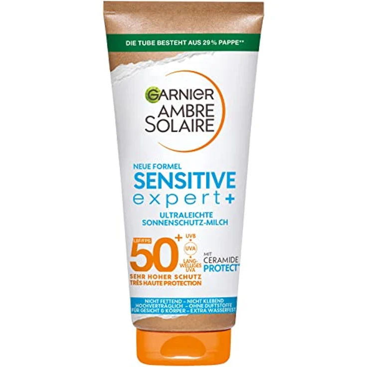 Garnier Sonnenschutzmilch mit LSF 50+, Sehr leichte und rückstandslose Sonnencreme für helle und empfindliche Haut, Ambre Solaire Sensitive expert+, 1 x 175 ml – Bild 1