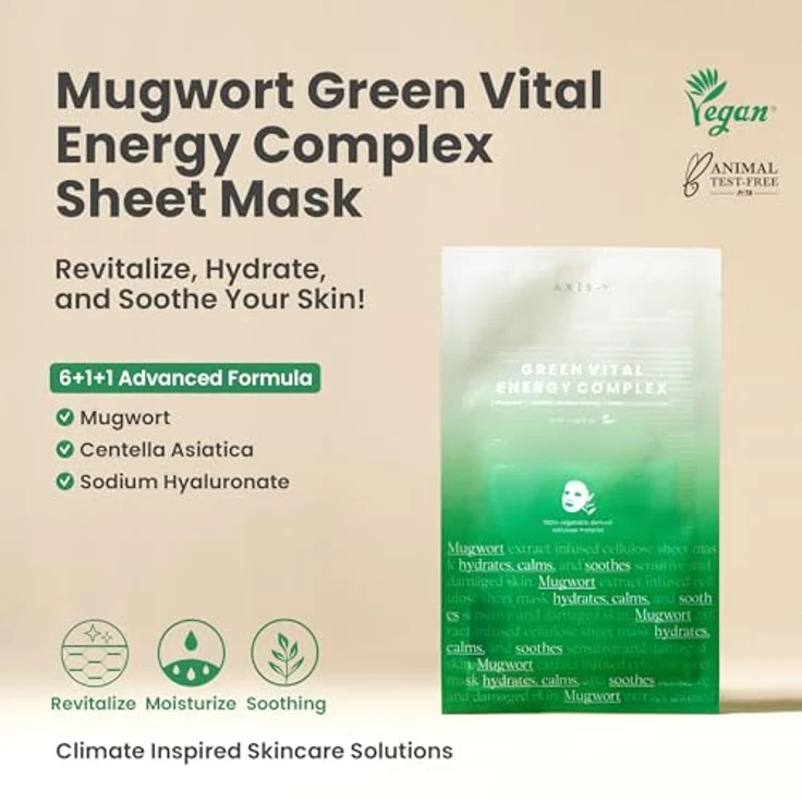 AXIS-Y Mugwort Green Vital Energy Complex Sheet Mask, Zellschichtmaske mit feuchtigkeitsspendender und beruhigender Wirkung, 27 ml – Bild 2
