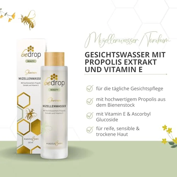 bedrop Mizellenwasser Tonikum Gesichtswasser mit Propolis Extrakt & Vitamin E - gegen unreine Haut & Verfeinerung des Hautbildes, Gesichtsreinigung für jeden Hauttyp - (3x 150ml Sparset) – Bild 2