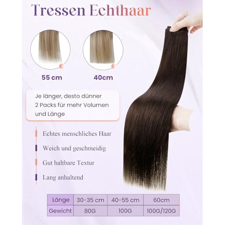 LaaVoo Echthaar Tressen Extensions Dunkelbraun, Remy Haarverlängerung zum Einnähen, 35cm, 80g, glatt – Bild 2