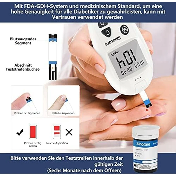 Sinocare Safe-Accu Blutzuckermessgerät Set, inklusive 50 Teststreifen, 200 Messergebnisse Speicherplatz, einfache Ein-Tasten-Bedienung – Bild 5