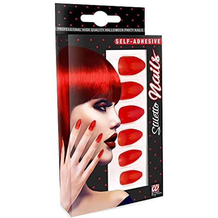 Widmann 05342 - Fingernägel Set Stiletto, 12 Stück, Rot, selbstklebend, Accessoire, Karneval, Mottoparty, Halloween