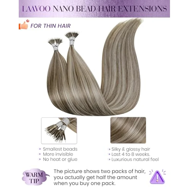 LaaVoo Nanoring Extensions Echthaar 35 cm Hellbraun mit Hellblond, 50G/50S, Kaltfusion, Remy, glatt, kein Haarbruch – Bild 2