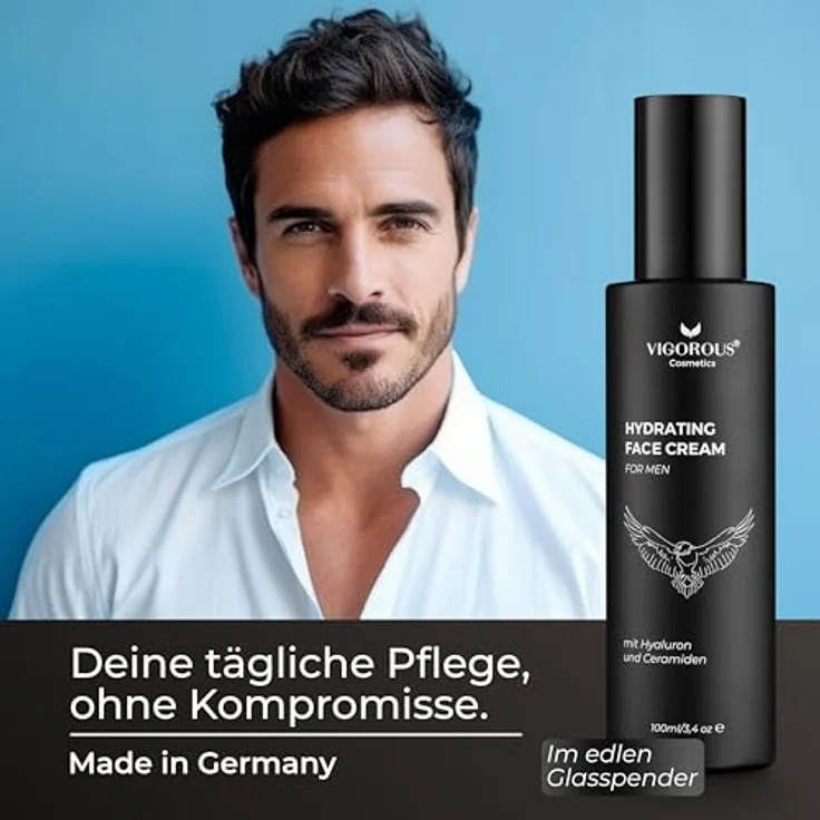 VIGOROUS® Gesichtscreme Männer 100 ml, Feuchtigkeitscreme als Tages- und Nachtcreme, Anti Aging Pflege mit Hanföl und Hyaluron, vegan, Made in Germany – Bild 2