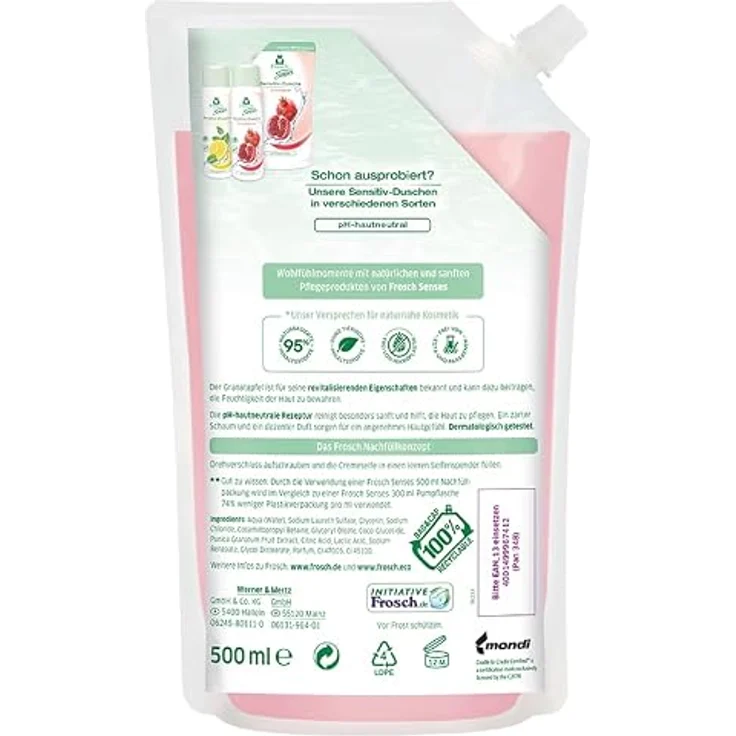 Frosch Senses Cremeseife Granatapfel, 500ml, pH-hautneutrale Rezeptur, vegan, Nachfüllbeutel