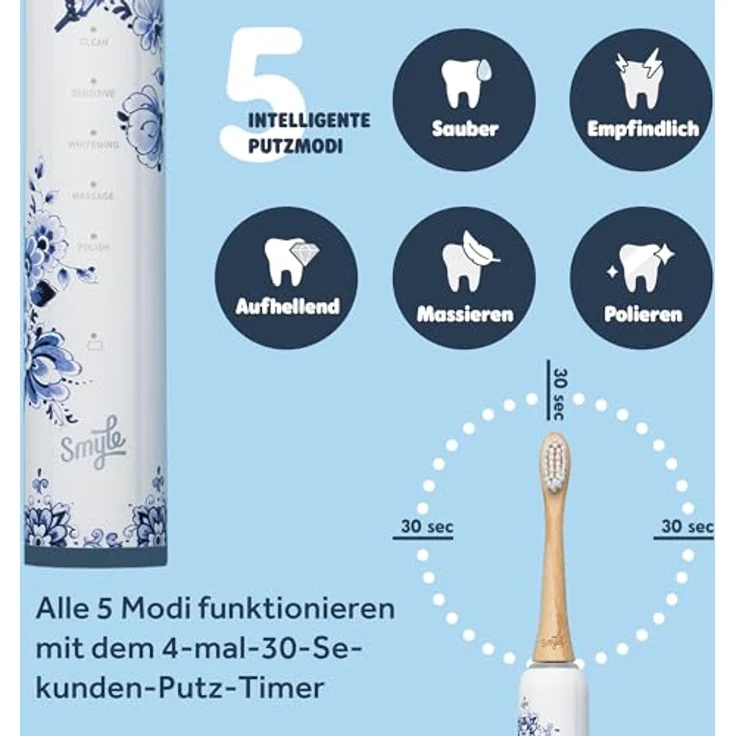 Smyle Sonic Elektrische Zahnbürste, 5 Reinigungsmodi, Drucksensor, Delfter Blau – Bild 6