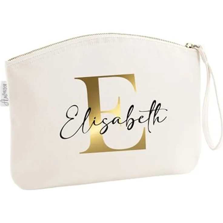 minimutz Schminktasche für Mädchen Beige, personalisierte Kosmetiktasche mit Initiale und Namensdruck, Ordnungshüter, M (19 x 17 cm)