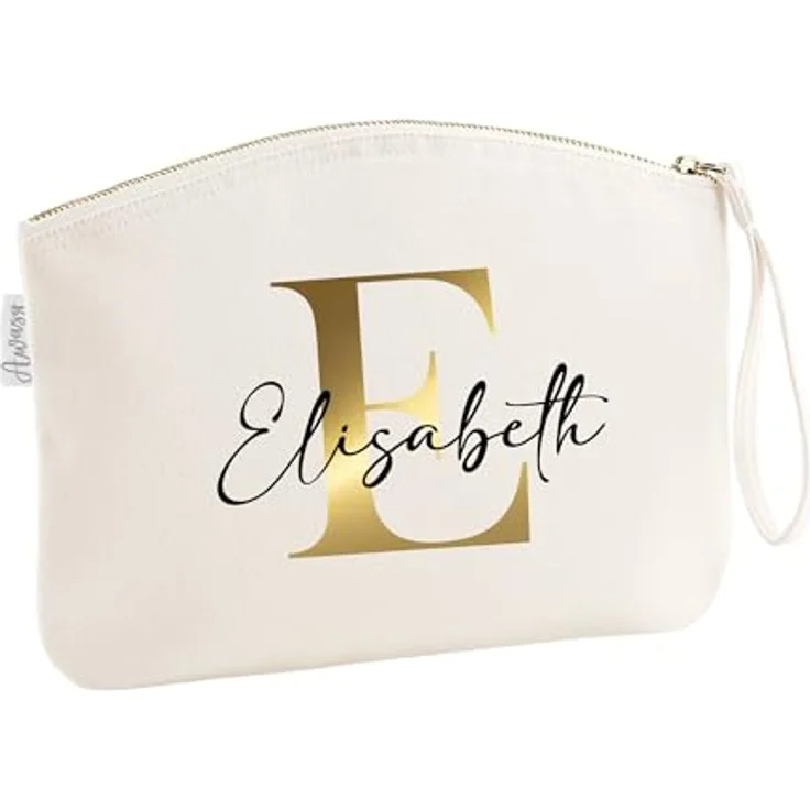 minimutz Schminktasche für Mädchen Beige, personalisierte Kosmetiktasche mit Initiale und Namensdruck, Ordnungshüter, M (19 x 17 cm) – Bild 1