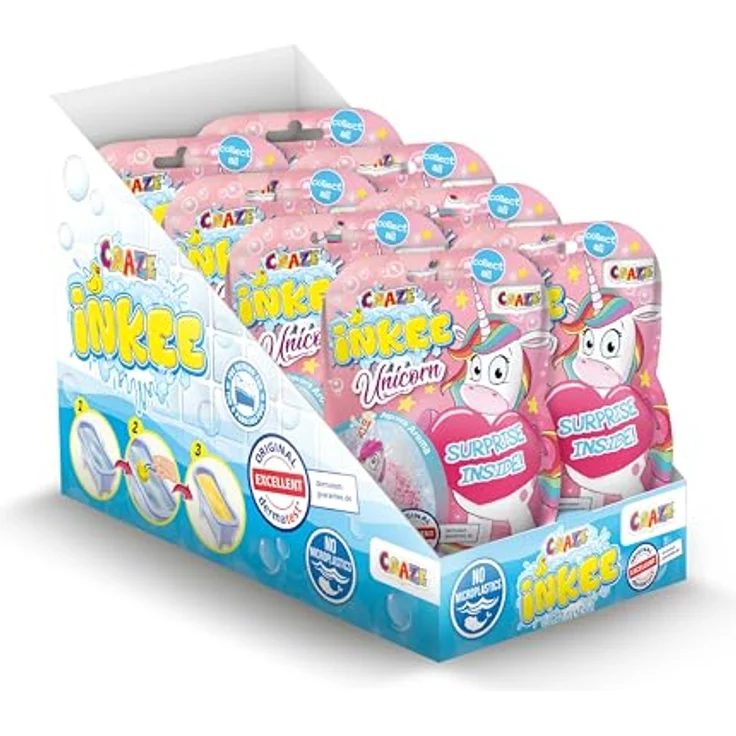 INKEE Unicorn Badebomben Kinder 8er Set mit Überraschung, 8x 100g in lila und rosa, Popcorn-Duft, 6 Einhornfiguren zum Sammeln – Bild 1