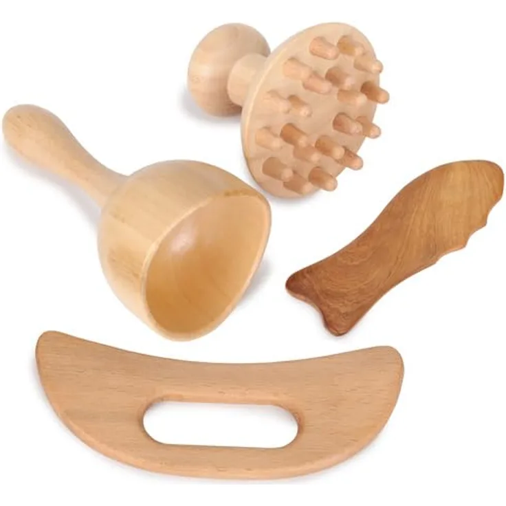 HABYS 4-teiliges Holz-Massagewerkzeug-Set, Professionelle Massageinstrumente für Gesicht, Rücken, Hände & Körper, Ergonomisches Design, Langlebiges Holz