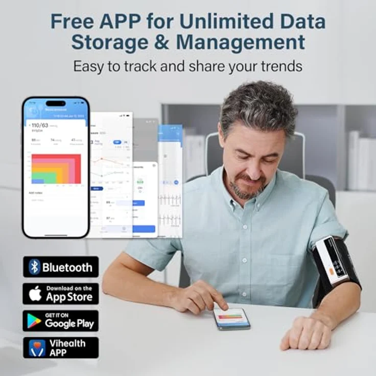 CheckMe Armfit Plus, Blutdruckmessgerät mit EKG-Analyse, automatische Messung in 30s, App für Android & iOS, Multi-User-Verwaltung, unbegrenzter Speicher – Bild 4