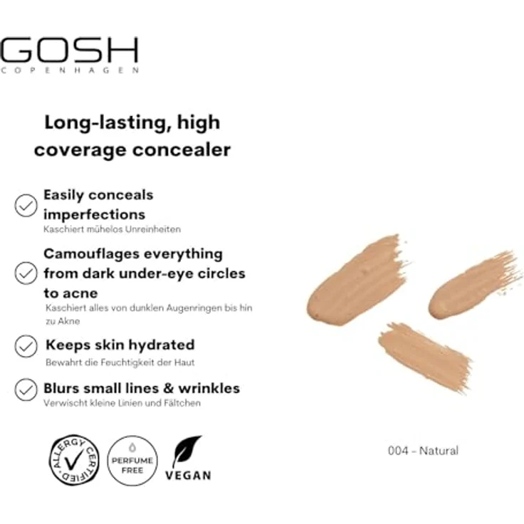 Gosh Concealer Flüssig-Korrektor, hochpigmentiert und cremige Textur, Farbton 004 Natural, 6 ml – Bild 2