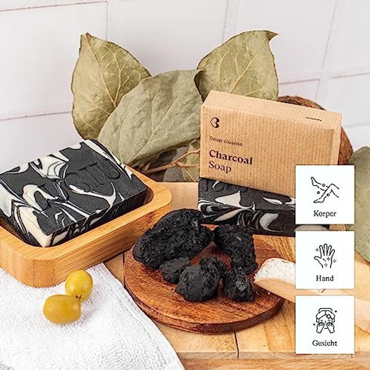 lubiu Schwarze Seife Stück - 100g Aktivkohle Seife ohne Palmöl - Naturseife für alle Hauttypen - Vegane und biologisch abbaubare Dusch- und Handseife – Bild 3
