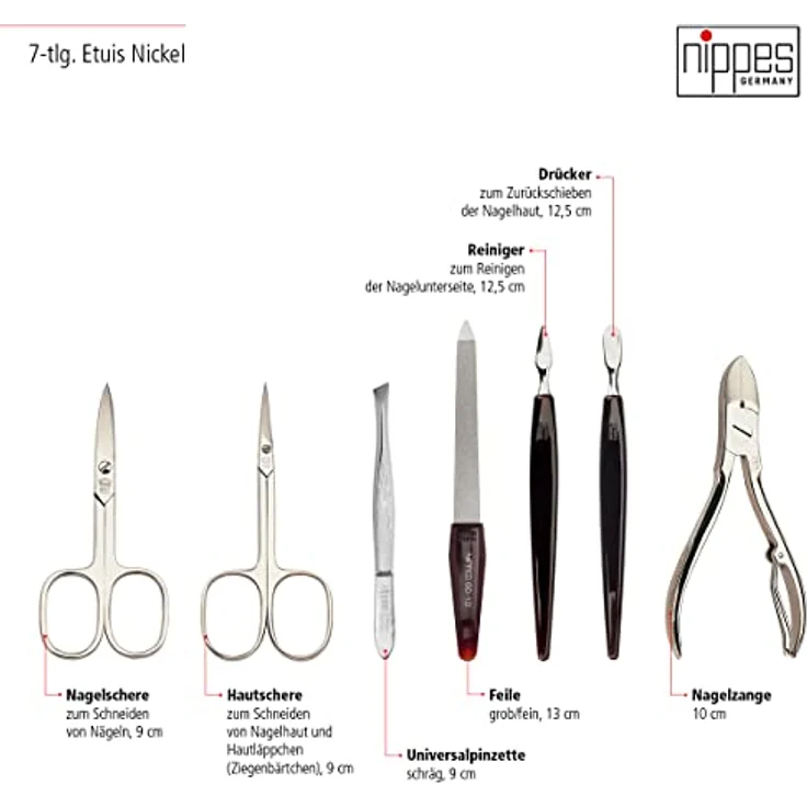 Nippes Seam Maniküre-Set schwarz, inkl. Hautschere, Nagelschere, Saphirfeile, Pinzette, Reiniger, Nagelhautschieber & aus rostfreiem Stahl, Rindleder-Etui – Bild 4