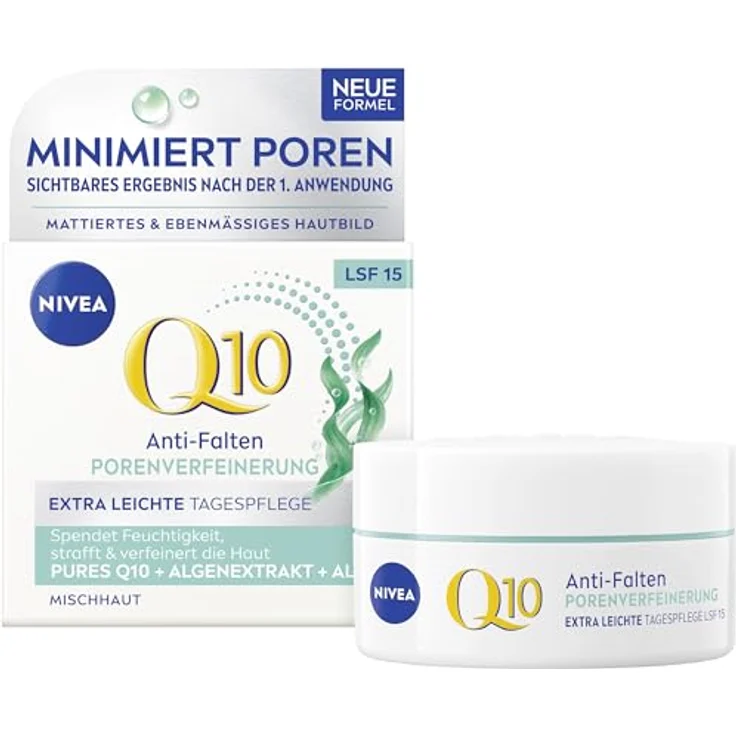 NIVEA Q10 Anti-Falten PORENVERFEINERUNG Extra Leichte Tagespflege mit LSF 15, 50 ml, Gesichtscreme für Mischhaut, Algenextrakt und Aloe – Bild 1