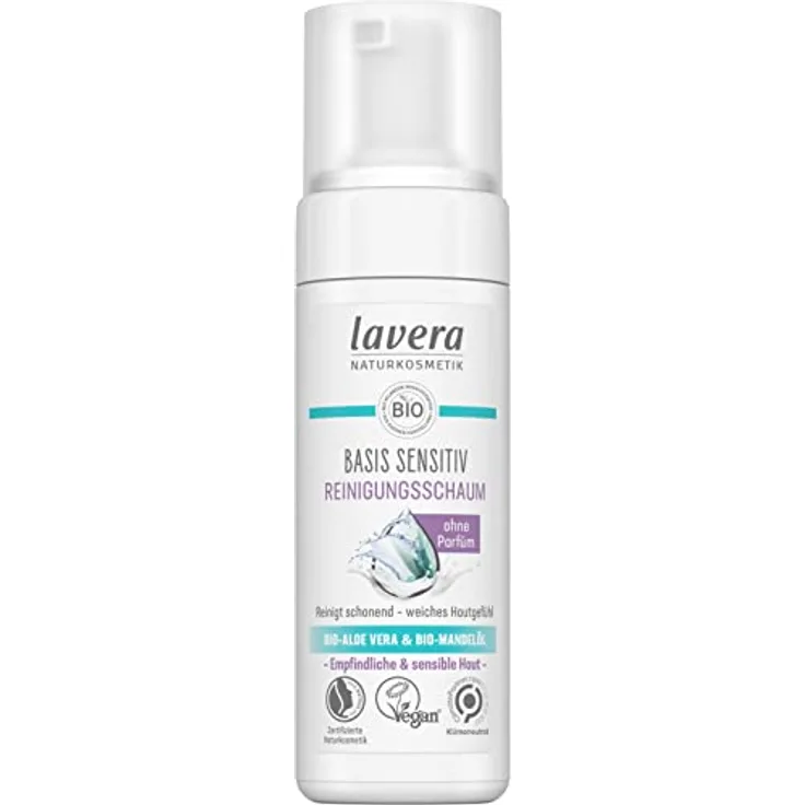 lavera basis sensitiv Reinigungsschaum - Naturkosmetik - vegan - Bio-Aloe Vera und Bio-Mandelöl - Gesichtsreinigung - Natürliche Reinigungsformel - 1 x 150 ml