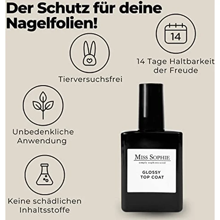Miss Sophie Glossy Top Coat, Unter- und Überlack für Nagelfolien, 12 ml – Bild 4