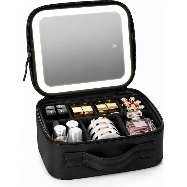 R2 Invest Kosmetikkoffer mit LED Spiegel, tragbare Reise Kosmetiktasche Organizer mit variablen Inneneinteilungen, schwarz