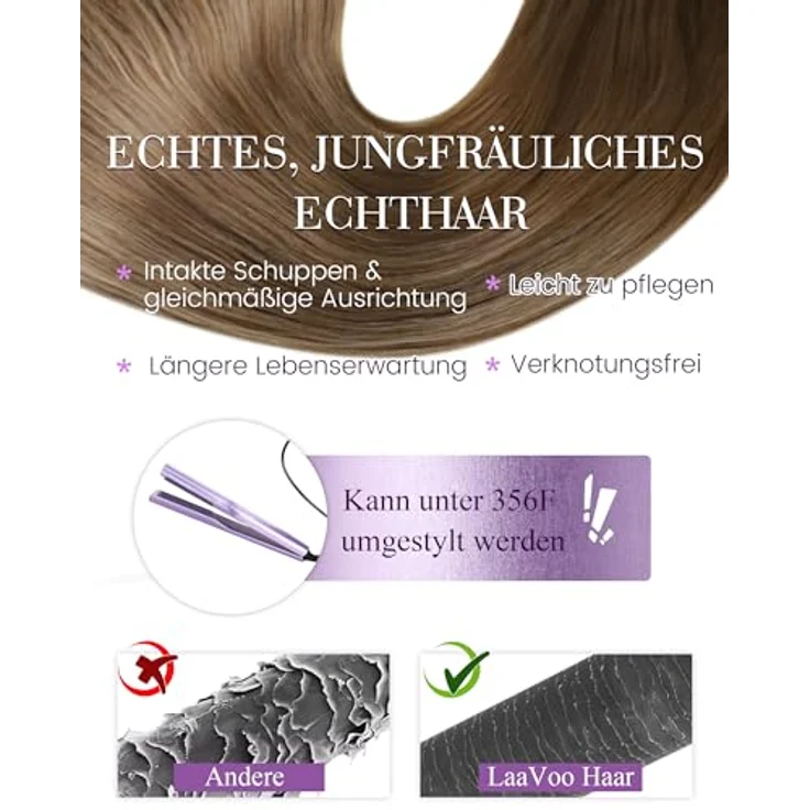 LaaVoo Microring Extensions Echthaar 50g, Balayage Braun #8/16/8, 45cm, unsichtbar mit Microring, wiederverwendbar, Remy Echthaar – Bild 4