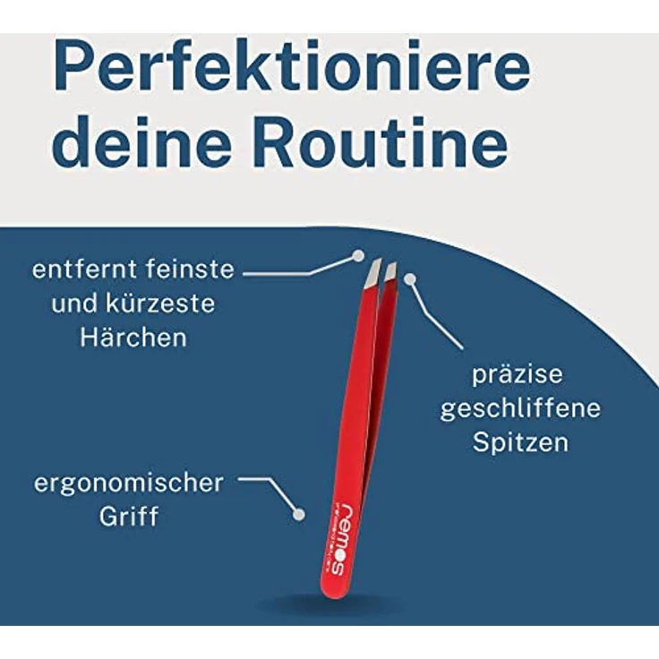 remos professional body care REMOS Profi Pinzette, Augenbrauen-Pinzette mit extra feinen Spitzen und Schutzetui, rostfreier Edelstahl, rot – Bild 3